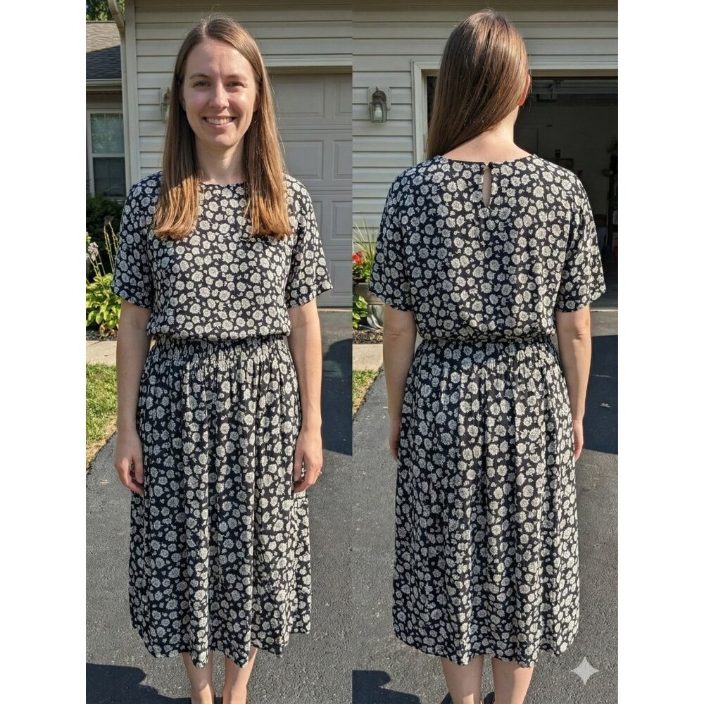 VTG 90s Norton McNaughton Petites Floral Rayon 2pc Skirt Set Black White Size 12
